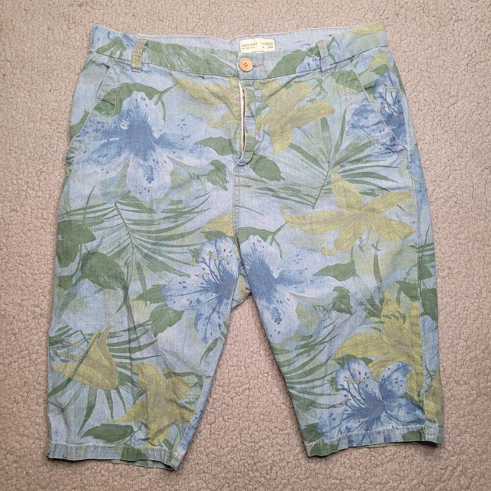 Zara Shorts Boys 13-14 Blue Green Tropical Print Casual Summer Leaf Vacation